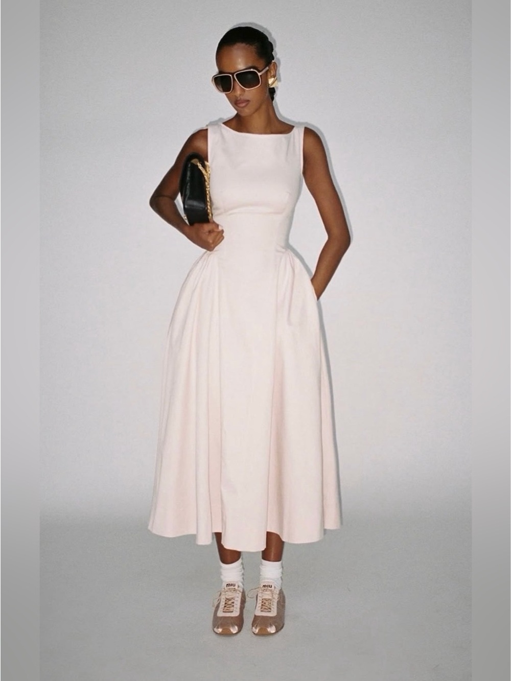 NEW Helsa Stretch Cotton Sateen Midi Dress in Dusty Pink | size S
